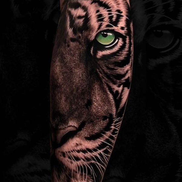 A black and grey realism forearm design of half a tiger's face with a green eye