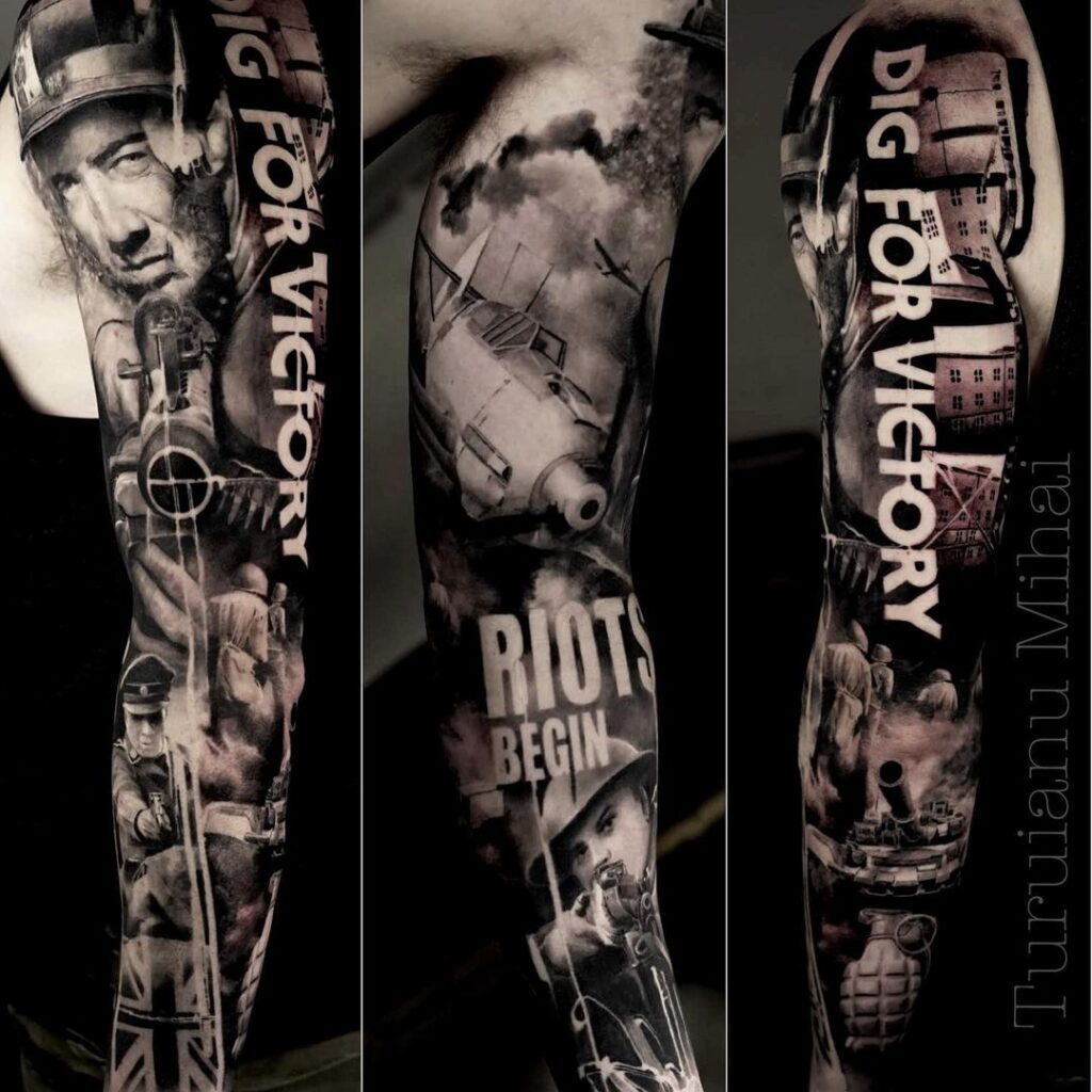 Three images of black and grey realism tattoo sleeve of world war two images.