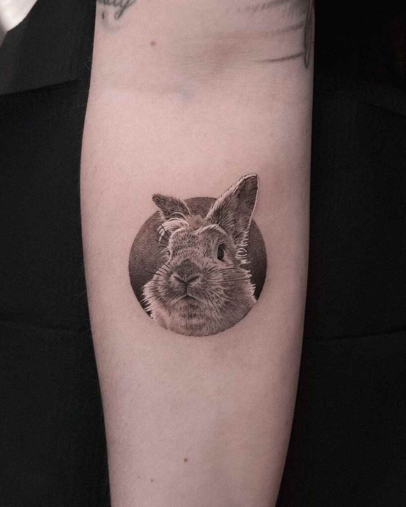 micro realistic, black and grey tattoo of a rabbits face within a circle.