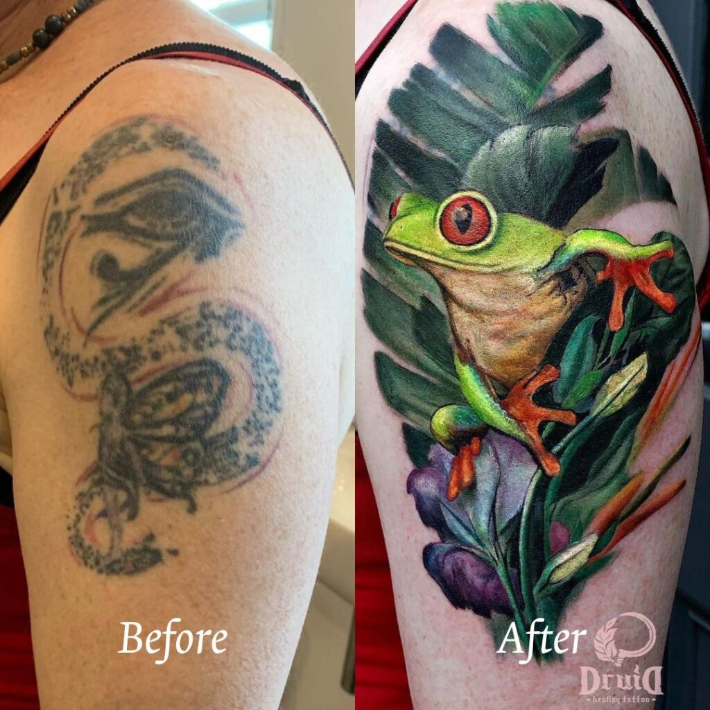 Tattoo cover-ups: Before image shows a faded tattoo of a fairy, swirly pattern and the eye of horus. After picture shows a vibrant colourful green frog sitting amongst tropical leaves. 