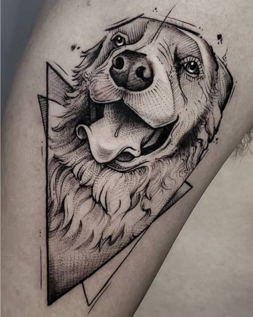 Close up images of a tattoo that shows a happy dog with his tongue out, it is drawn in an illustrative/sketch style