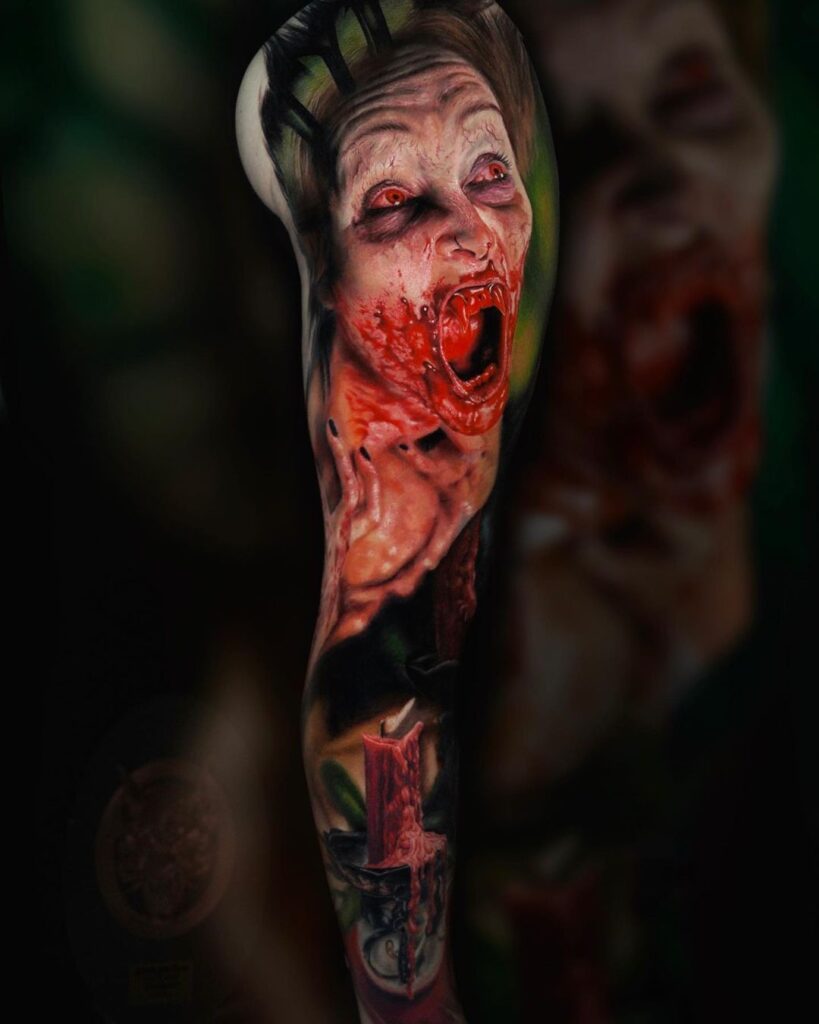 Colour realism leg sleeve showcasing a horror scene from the horror film Bloody Mary