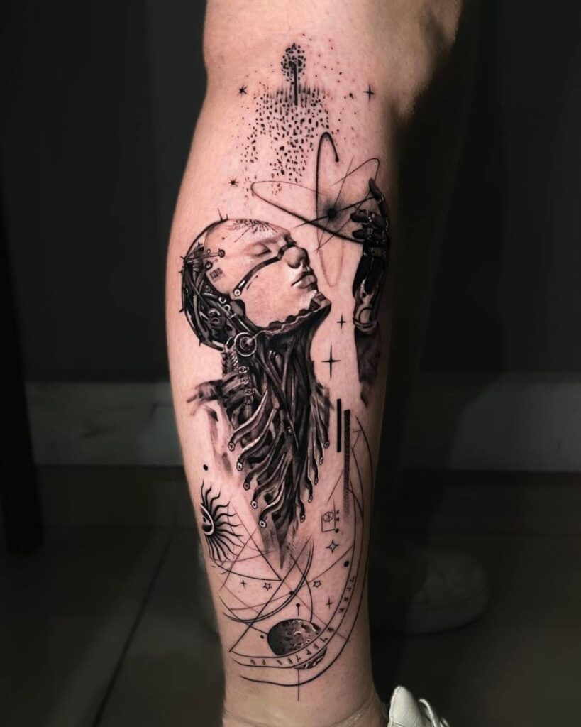 Black abstract leg design that shows a persons face and robot neck. Fine lines and stars and planets are placed around it. 