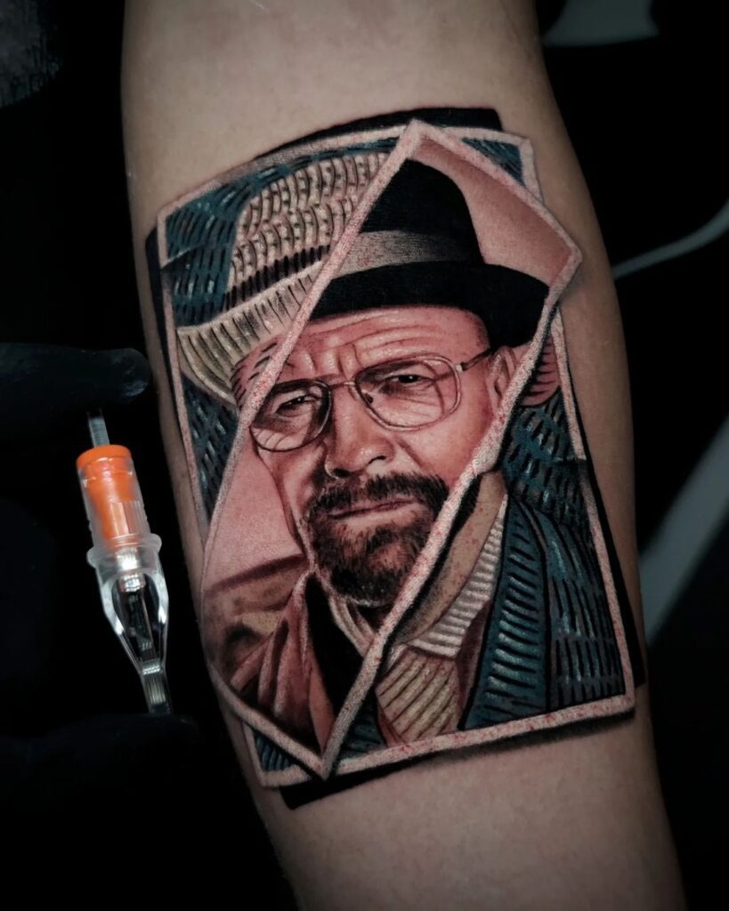 A collage tattoo of Walter White with a Van Gogh portrait in the background.