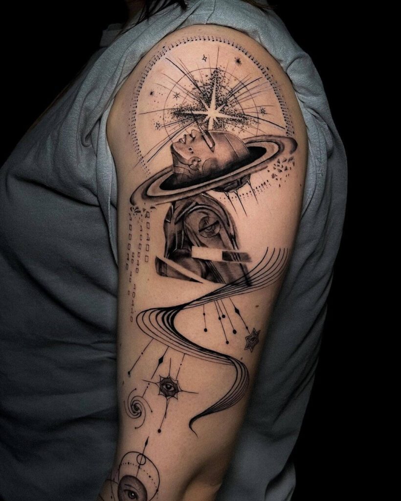 Abstract arm tattoo of robot, fine lines, stars. 