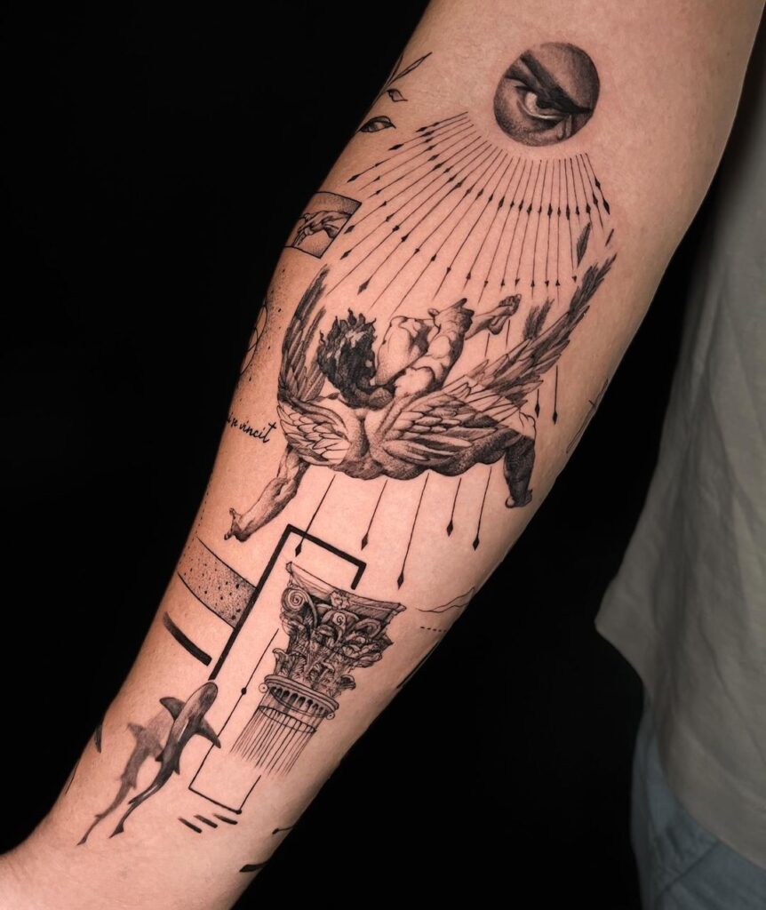 A forearm tattoo of an eye representing the sun with fine lines coming off it. Below that is Icarus falling from the sky. Below him is a concrete Greek pillar and a shark swimming among bold black lines.